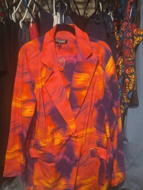 Megan Renee Vibrant Abstract Print Women’s Blazer Pants Suit - Purple & Orange